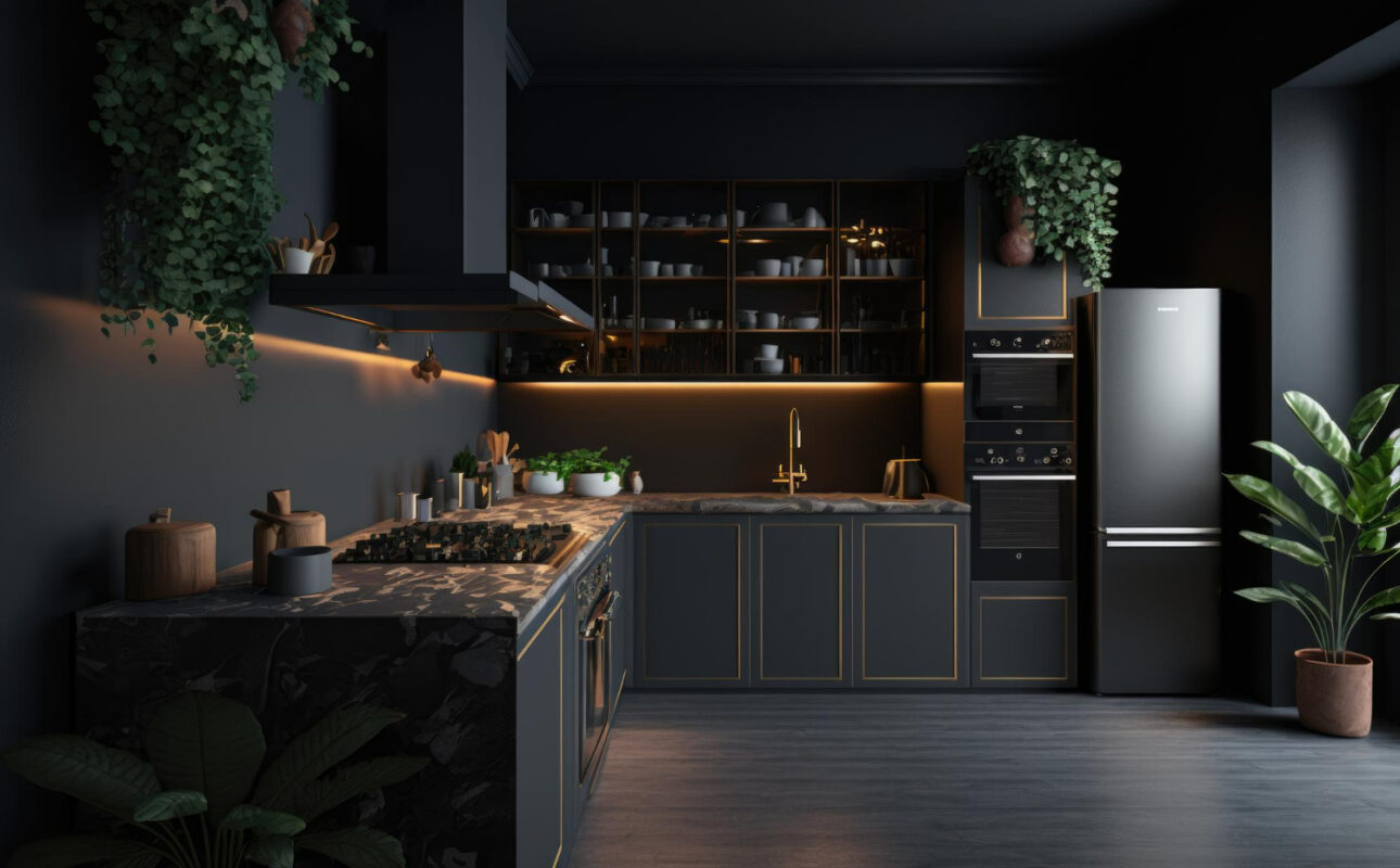 black-kitchen-with-wooden-table-modern-kitchen-background-room-interior