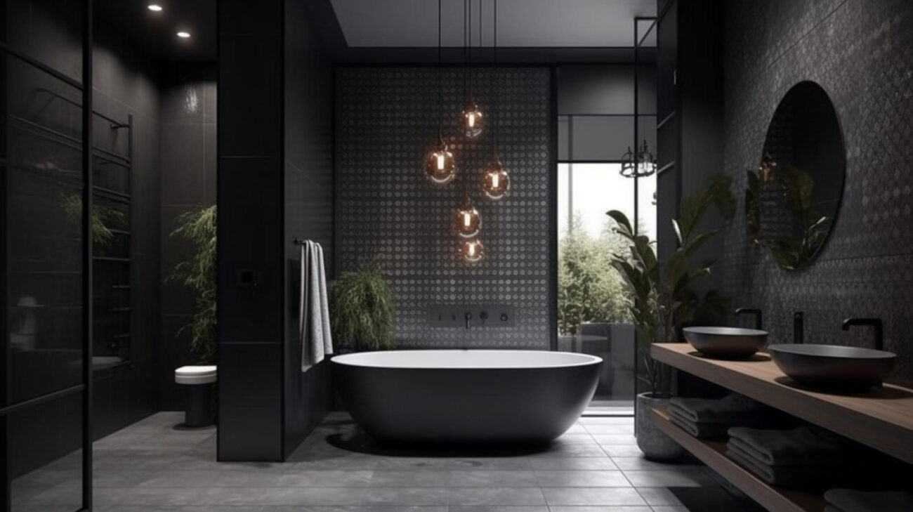 corner-modern-bathroom-with-black-white-marble-walls-concrete-floor-comfortable-white-bathtub-double-sink-generative